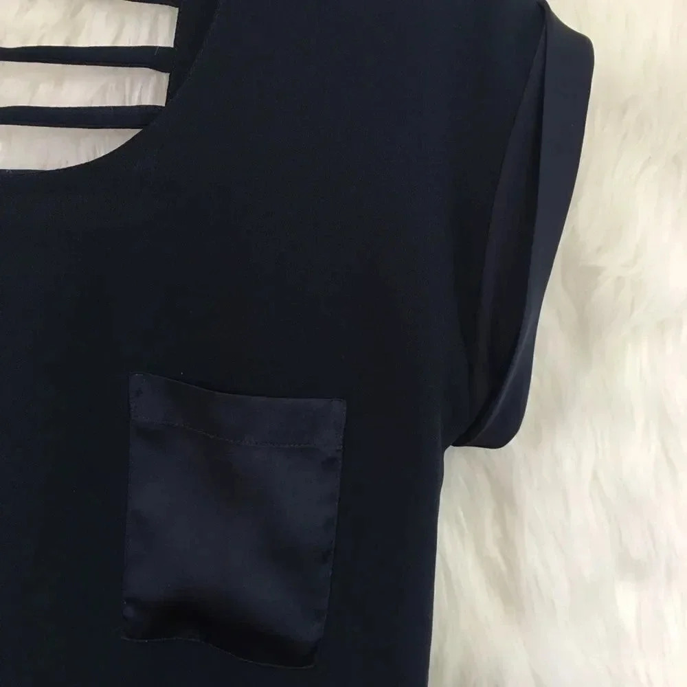 AQUA Navy Satin‎ Trim Cut Out Short Sleeve Top - Picture 4 of 6